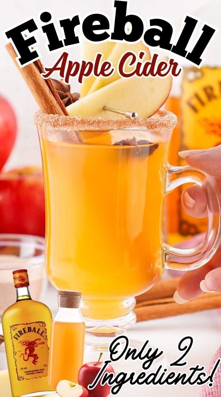 Bright colored Fireball Apple Cider served inside a glass garnished with cinnamon sticks as a stirrer
