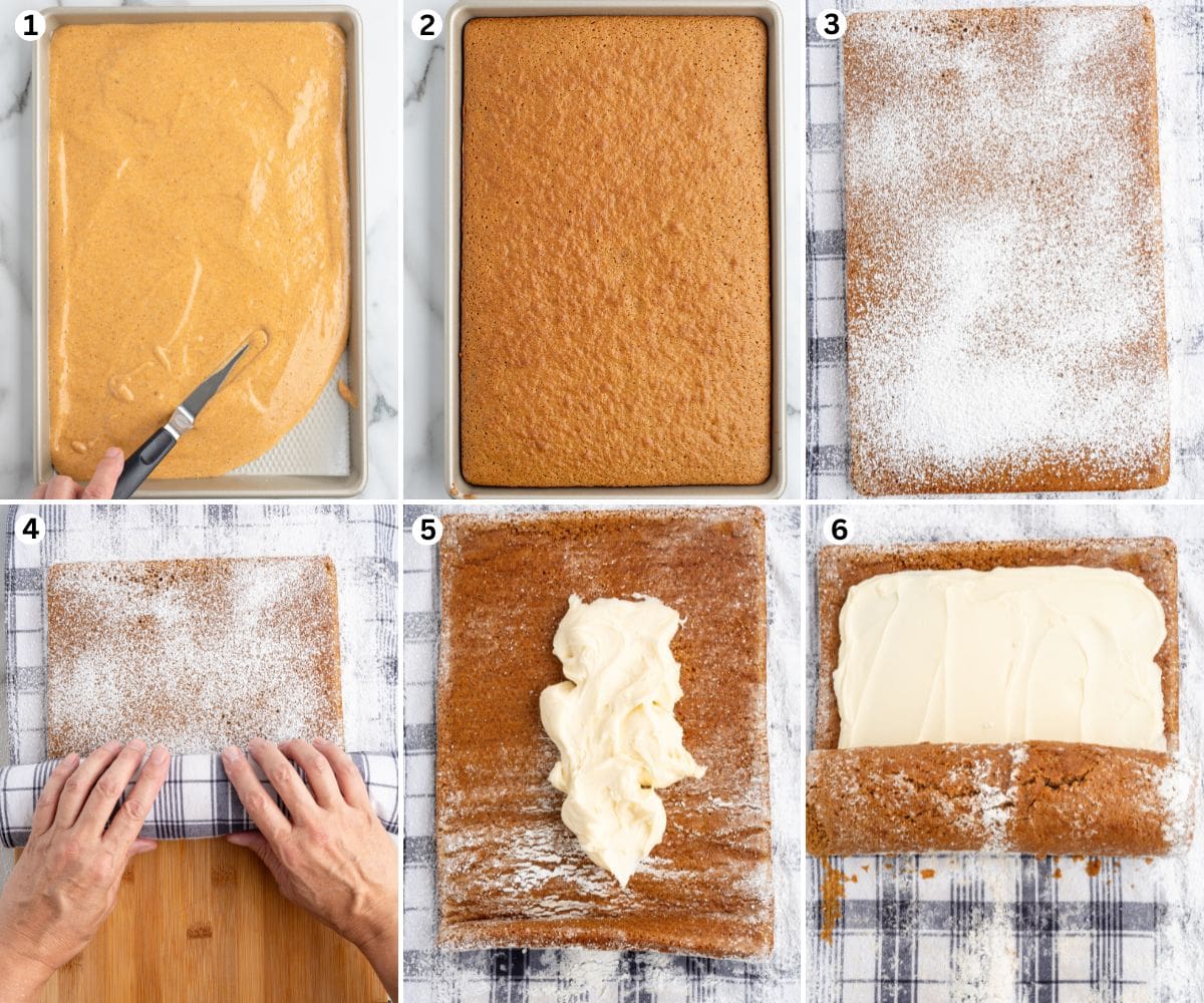 Collage of pumpkin roll making steps: spreading batter in baking pan, baking the batter, dusting with powdered sugar,  rolling the cake with tea towel, spreading the filling inside the cake and rolling the cake again.