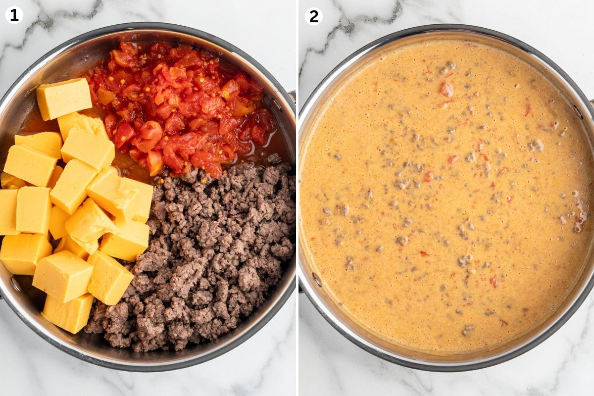 Rotel dip ingredients in a pot. Rotel dip ready to be served.