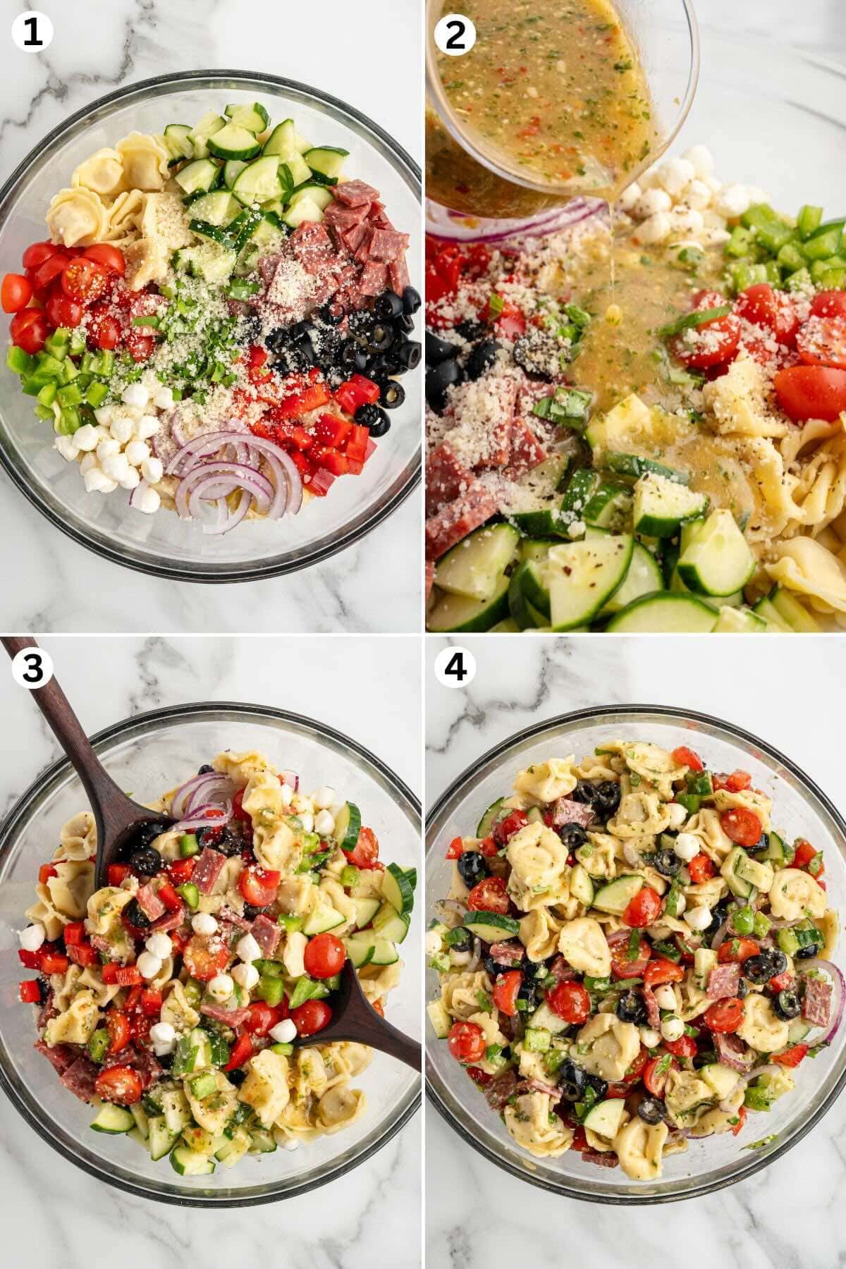 Fresh veggies, tortellini, mozzarella, and salami inside a clear glass bowl , Pouring vinaigrette over a vibrant tortellini salad , mixing all ingredients, tortellini pasta salad ready to be served.