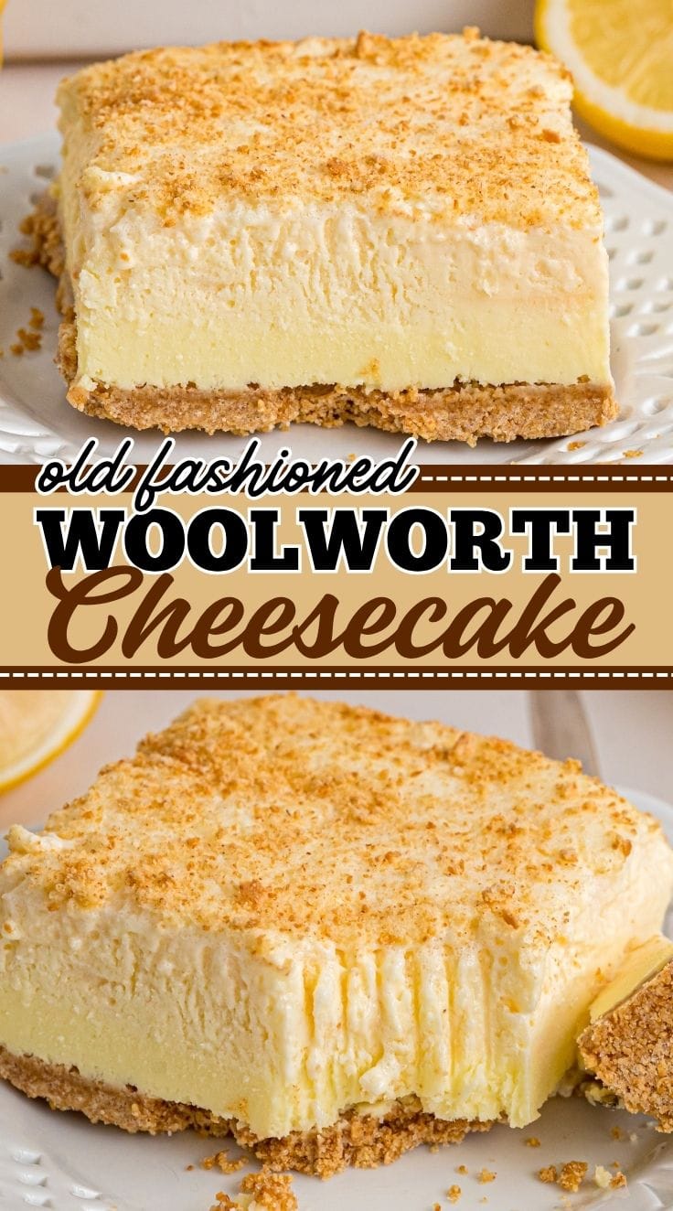 Square Woolworth Cheesecake served on a white cake plate