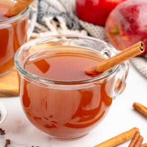 Hot apple cider in a glass cup with fresh cinnamon sticks nearby.