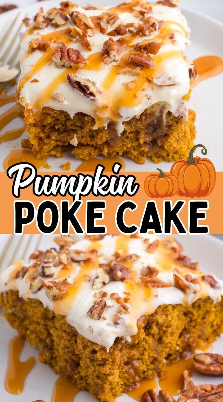 Square shaped pumpkin poke cake drizzled with caramel sauce and topped with chopped pecans served on a white plate