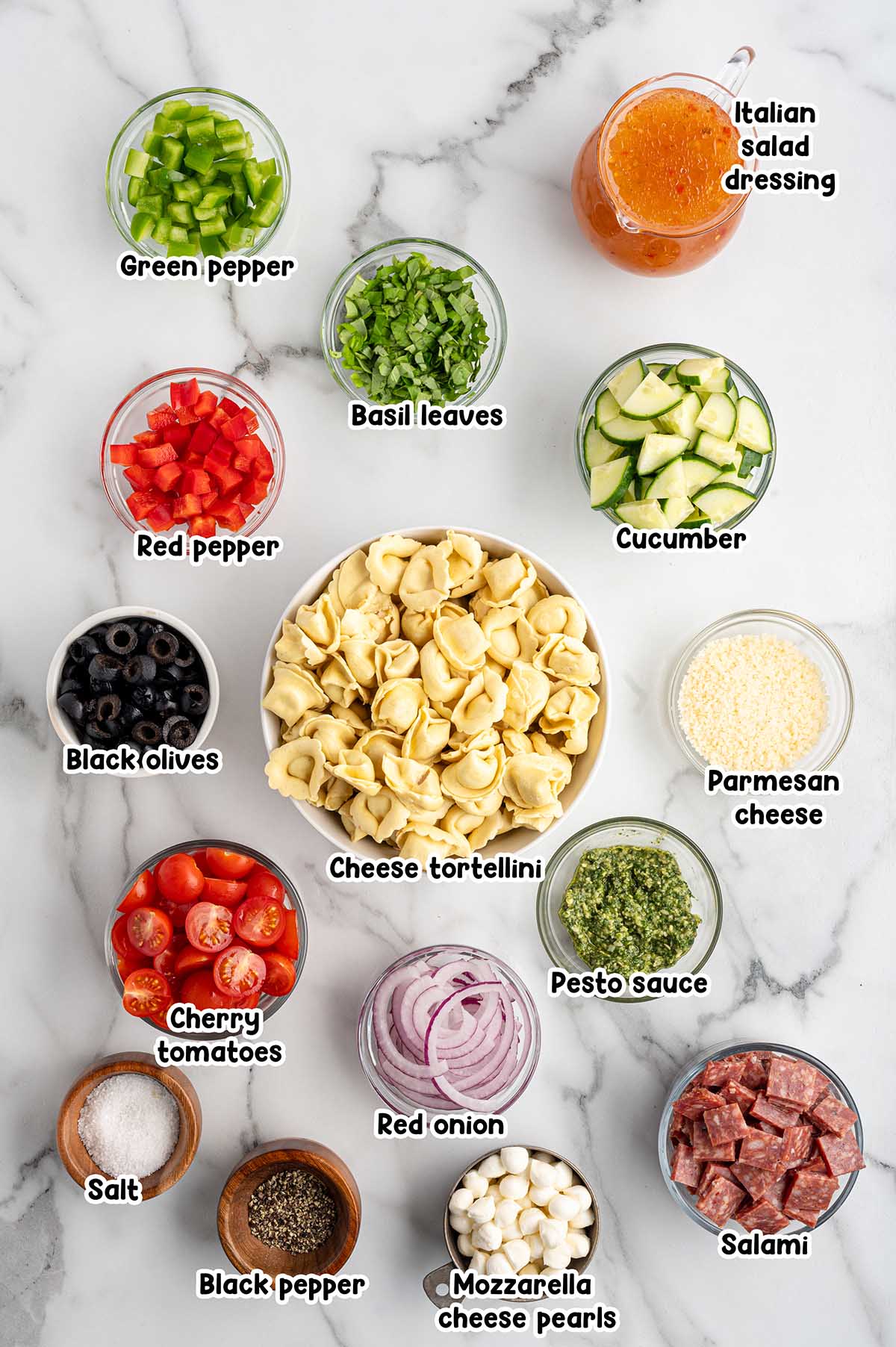 Tortellini Pasta Salad ingredients.