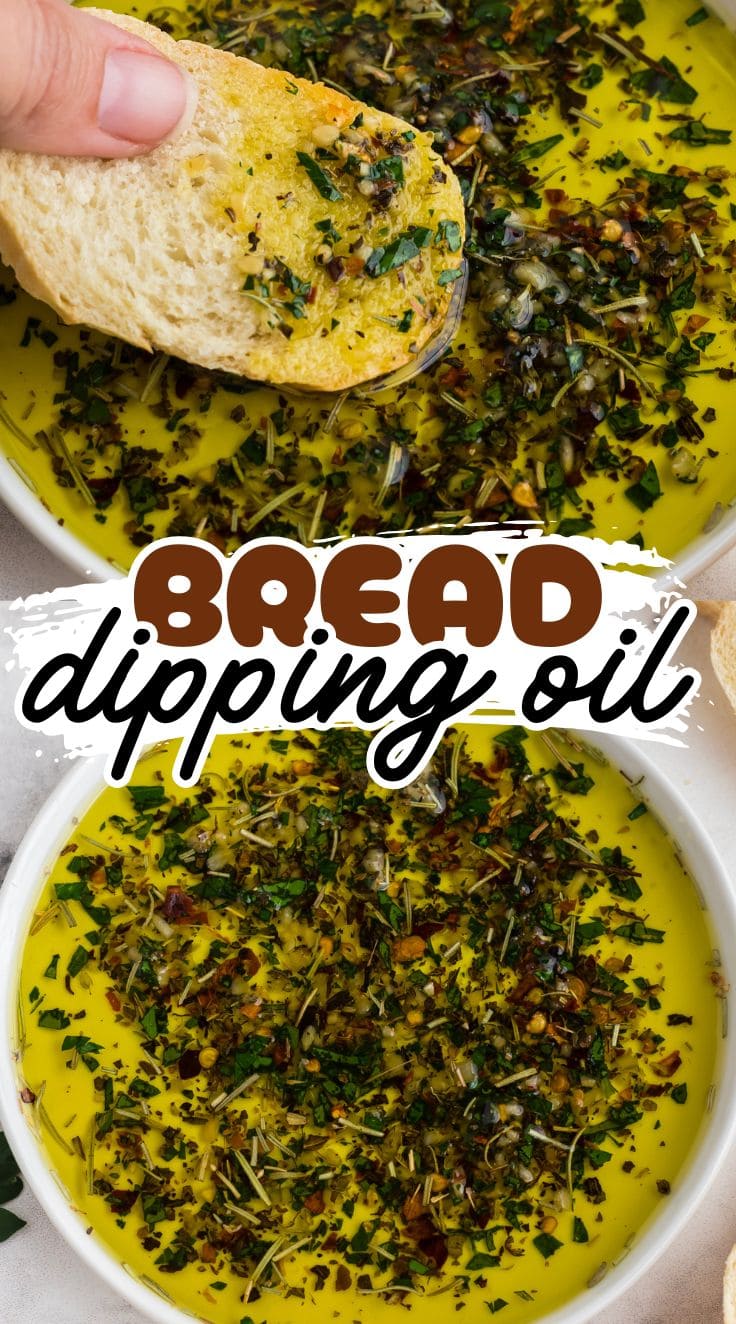 A hand holding a piece of sliced bread digging into Bread Dipping Oil