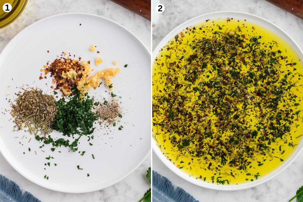 Herbs and seasonings inside a white plate, Bread Dipping Oil  ready o be served