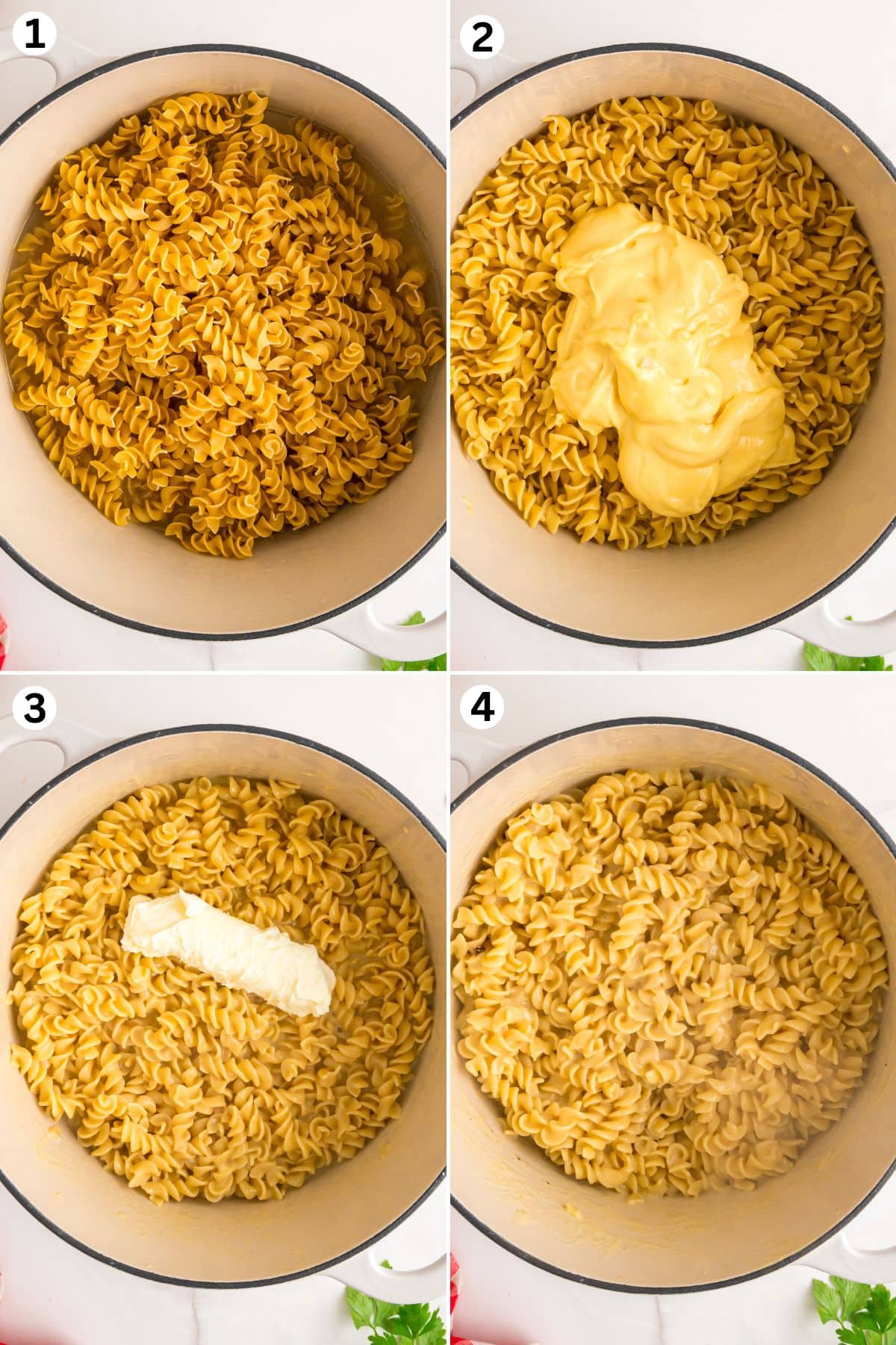 Collage of steps of making cafetaria noodles: boiling noodles, adding cream of chicken soup, adding butter, mixing everything.