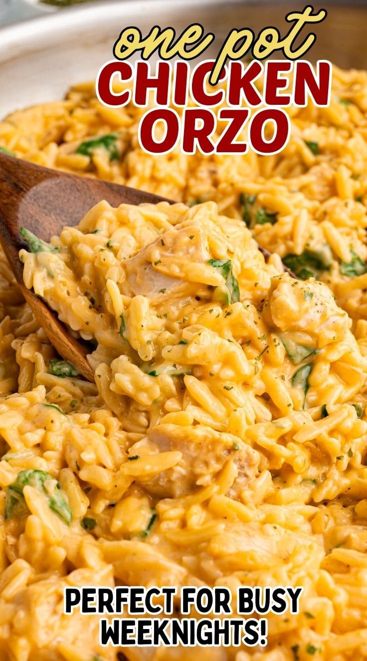 A wooden spoon scooping out creamy cheesy chicken orzo with bits of chicken and spinach