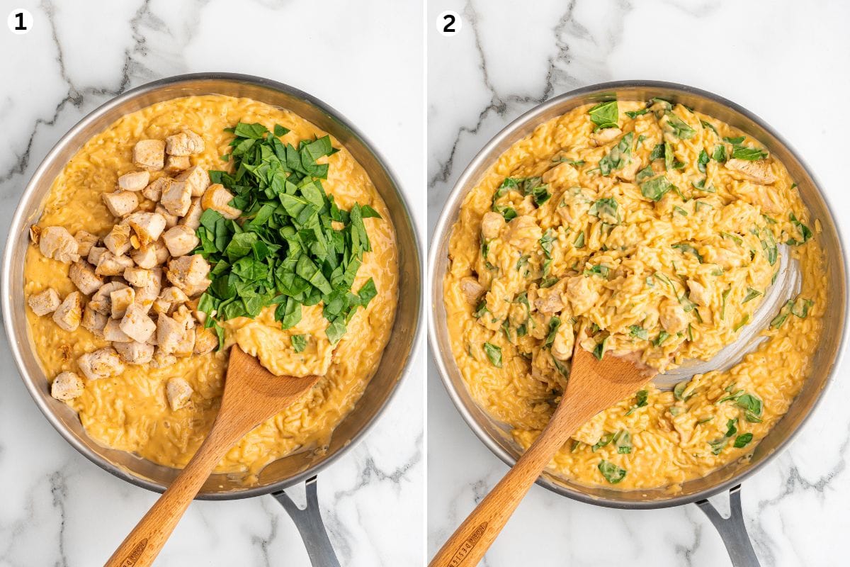 Cheesy Chicken Orzo making steps collage: adding the spinach and chicken into sauce, Cheesy Chicken Orzo ready to be served