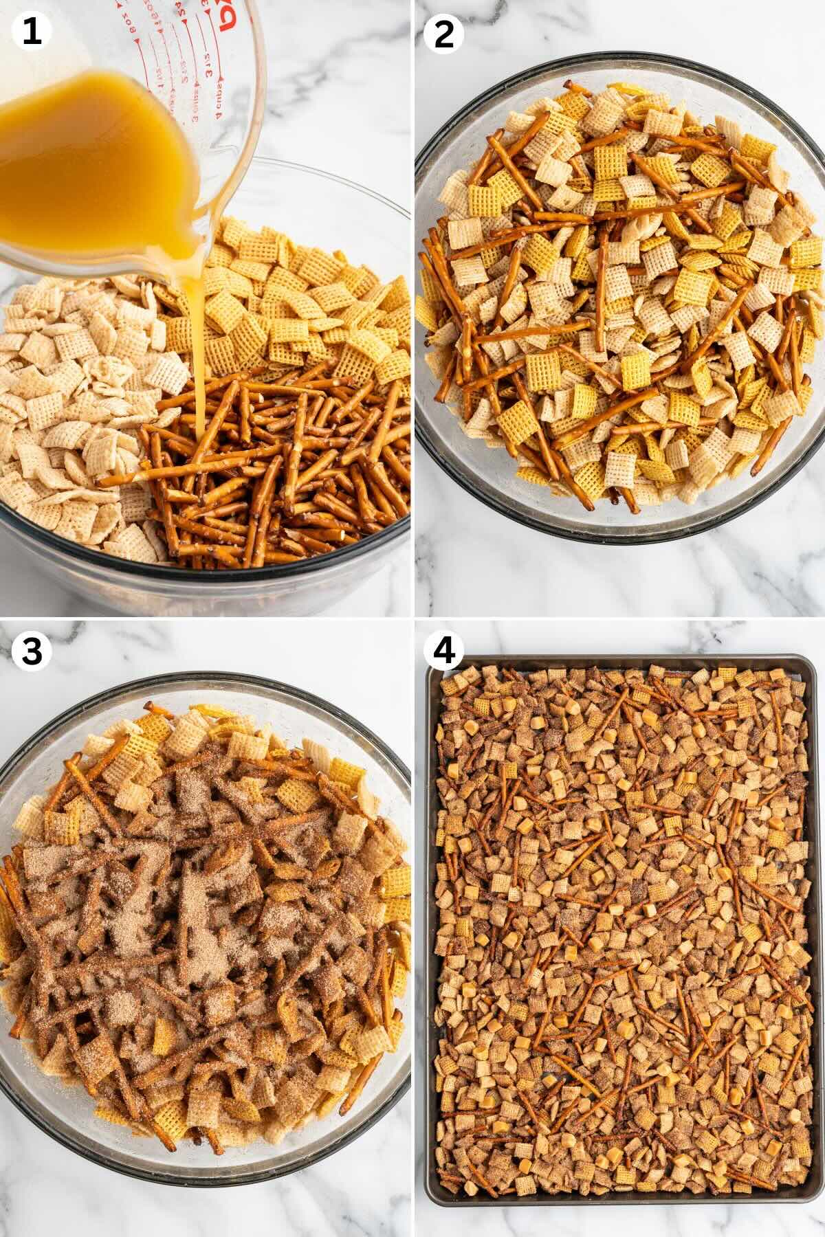 pour batter into the rest of the ingredients in a bowl. pour the cinnamon sugar and mix well. 