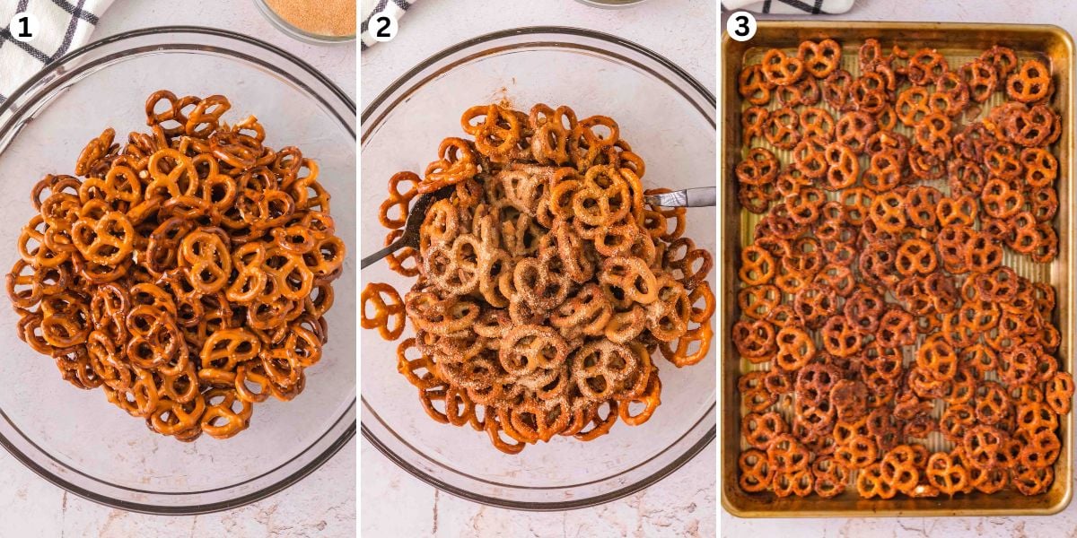 Cinnamon Sugar Pretzels making steps collage, coating the pretzels with melted butter and cinnamon sugar, mixing, laying on baking sheet on a pan and bake.