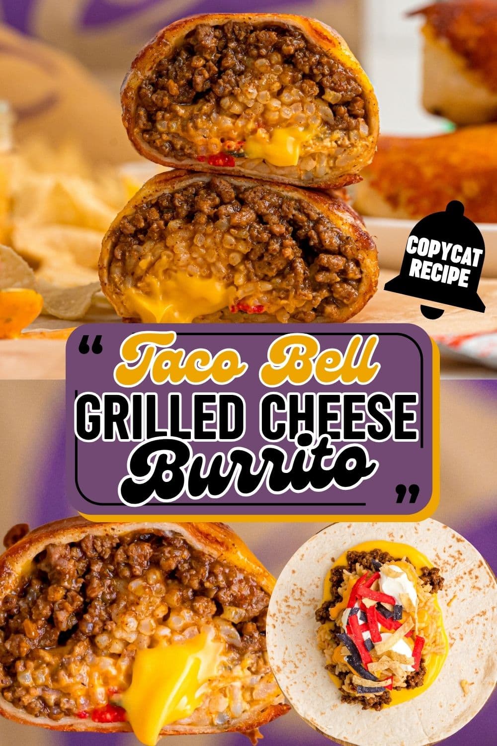 Close up of cut Copycat Taco Bell Grilled Cheese Burrito showing the generous filling and cheesy sauce coming out