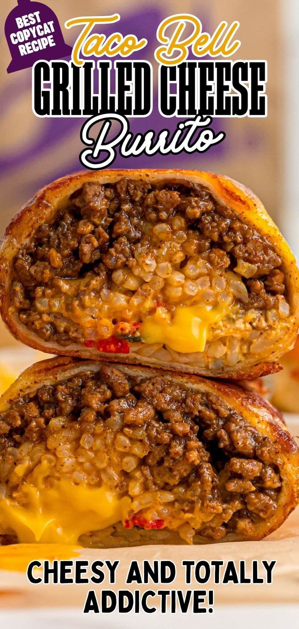 2 pieces of Copycat Taco Bell Grilled Cheese Burrito stacked on top of each other.