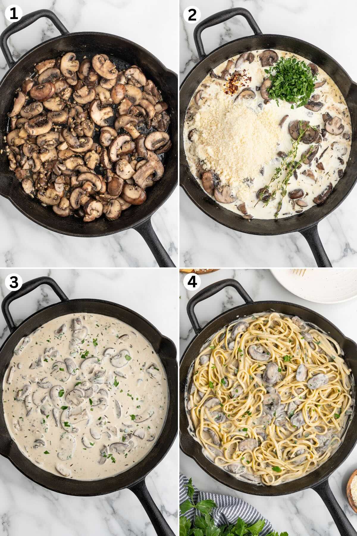 Creamy Mushroom Pasta making steps collage: cooking mushrooms, creating the creamy sauce, Creamy Mushroom Pasta ready to be served.