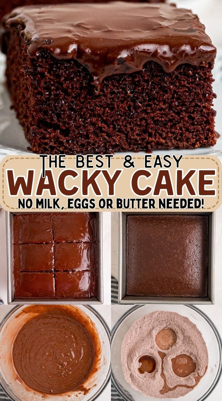 Depression Cake in a baking pan and has been sliced into 6 slices. Side view of Depression Cake served on a white plate topped with chocolate frosting