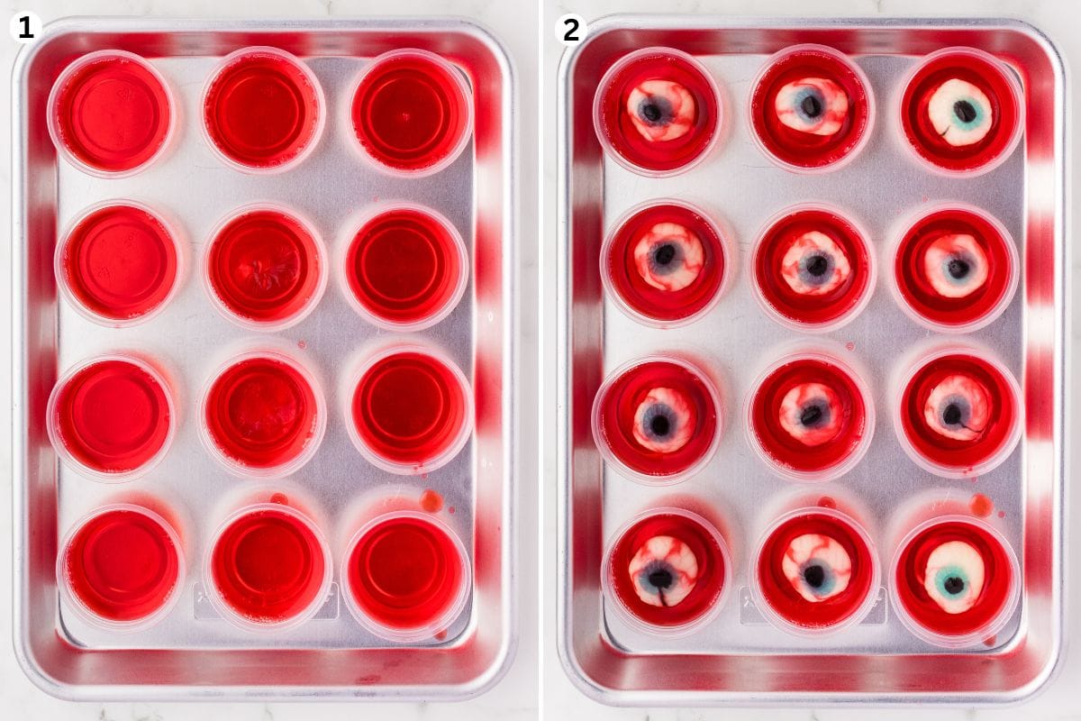 mix jello and pour into jello cups. add the halloween eyes.