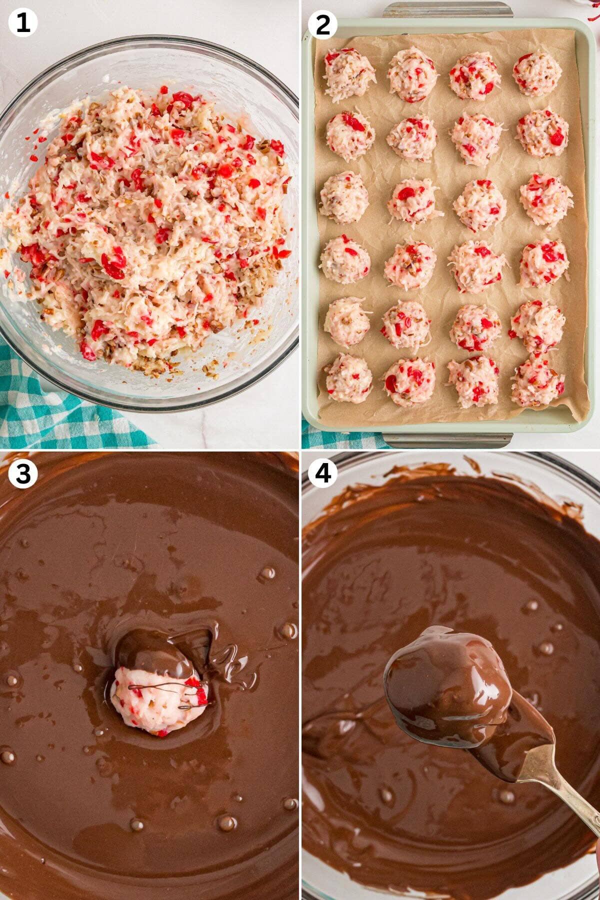 mix the ingredients in a bowl. Scoop into a ball and place on the tray. dip into melted chocolate. 
