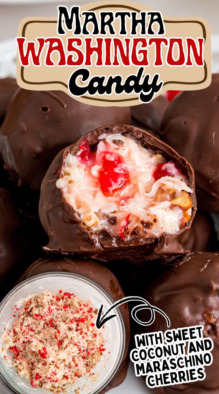 Half bitten Martha Washington Candy showing the coconut and cherries mixture inside