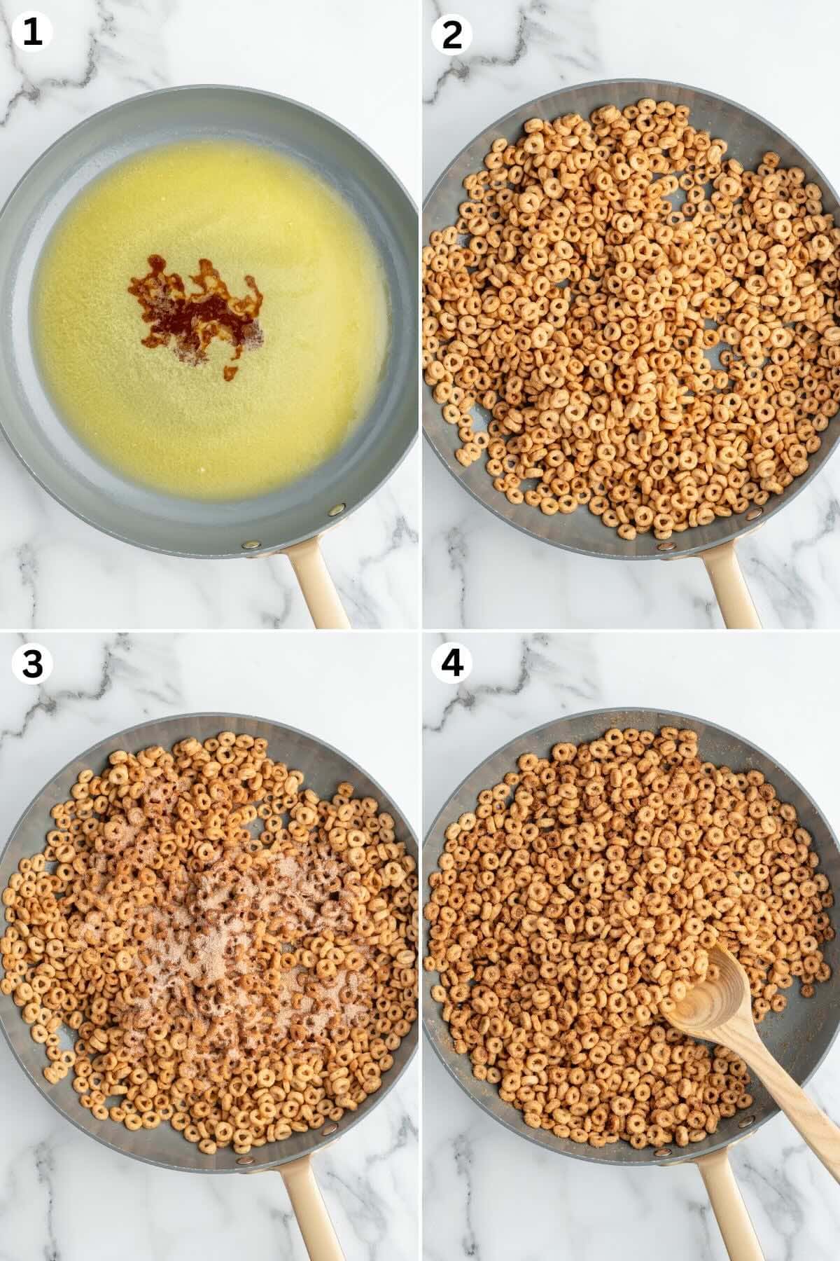 Melted butter with cinnamon in a pan, Cheerios mixed well with cinnamon sugar coating in a pan.