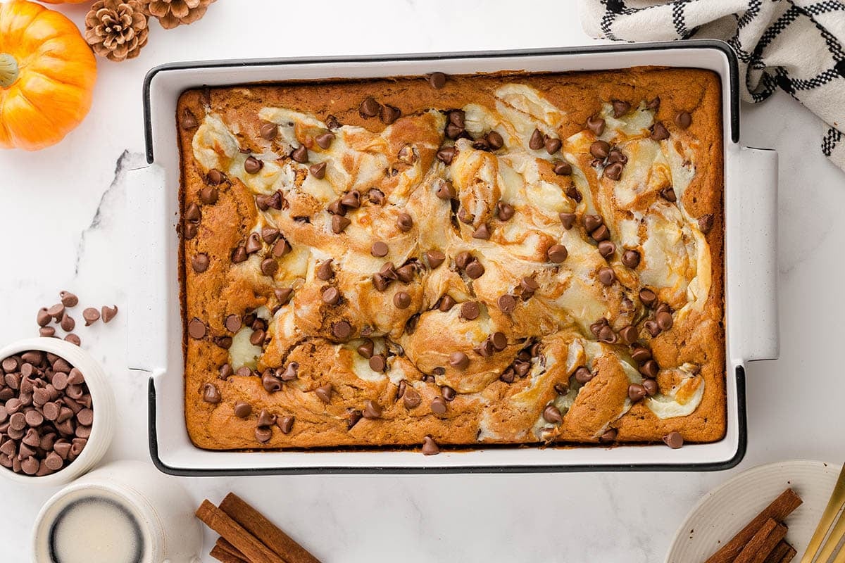 pumpkin earthquake cake in a casserole dish.