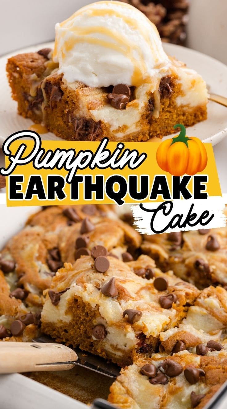 Pumpkin Earthquake Cake served with a scoop of vanilla ice cream on a white plate