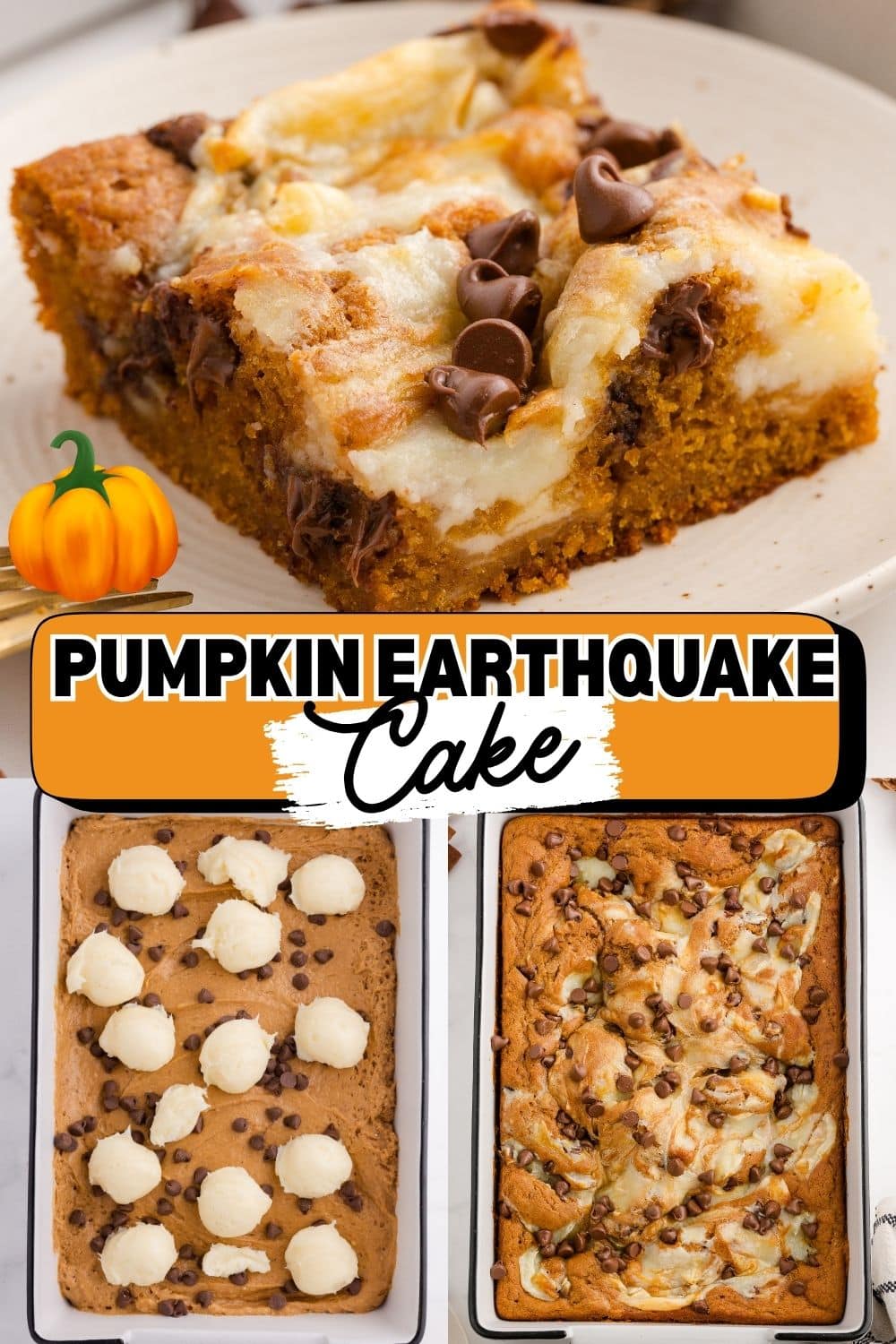 A square sliced Pumpkin Earthquake Cake served on a white plate. Freshly baked Pumpkin Earthquake Cake in a baking pan