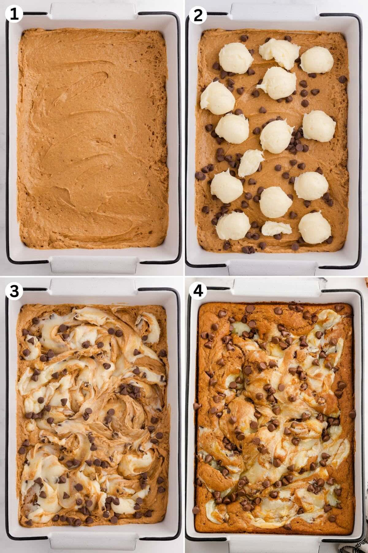 Pumpkin Earthquake Cake making steps collage: pouring batter in a pan, adding choco chips and cream cheese mixture on top of batter, mixing to create marble look, baked cake ready to be served