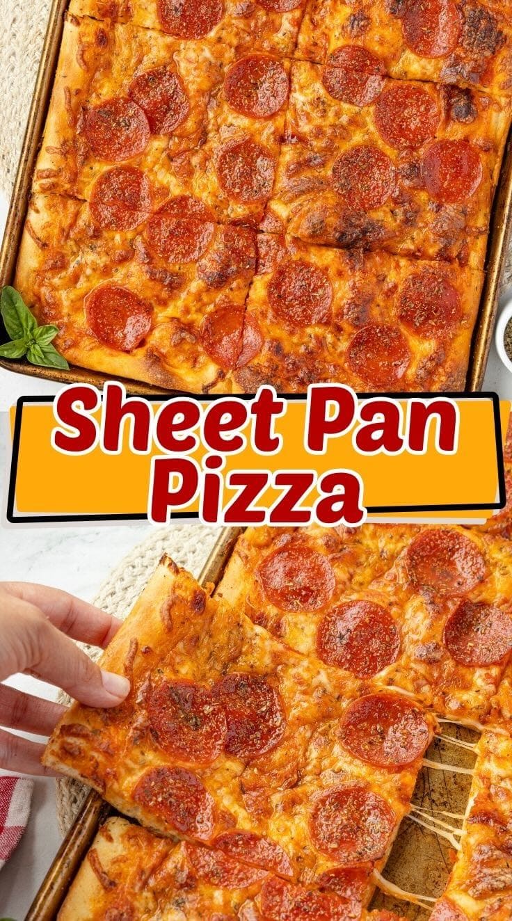 A hand pulling a piece of Sheet Pan Pizza from the baking pan