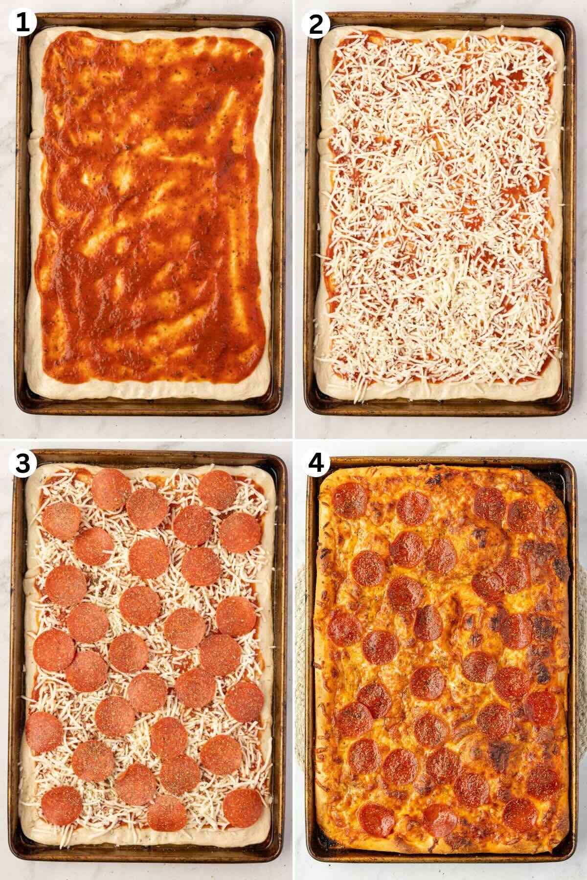 Sheet Pan Pizza making steps collage: spreading sauce on top of dough, followed by cheese, pepperoni and bake until golden.