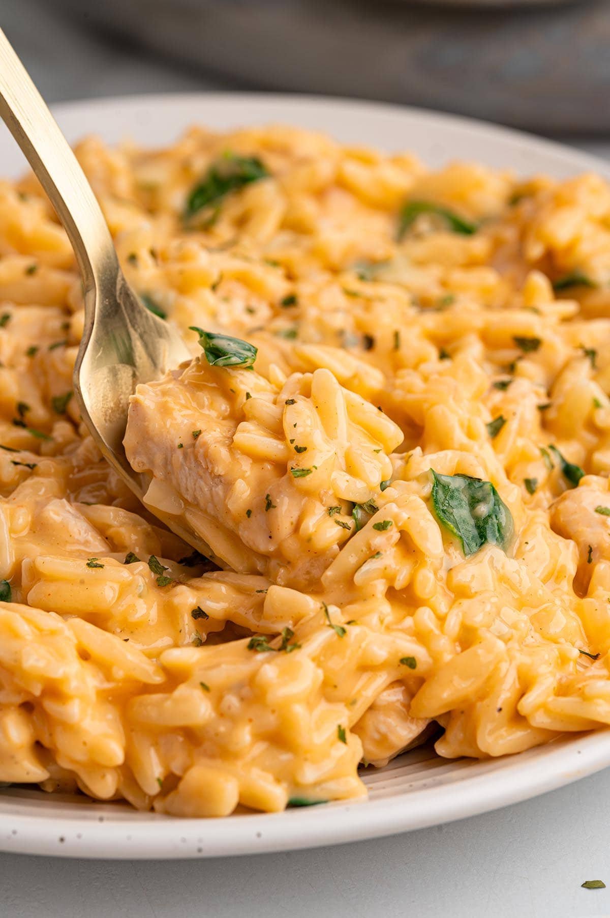 A creamy chicken orzo dish with fresh spinach and herbs on a white plate.