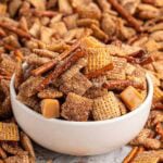 churro chex mix in a bowl.