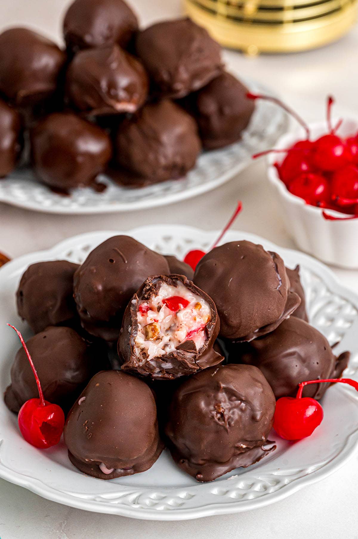 Soft creamy filling with nuts and cherries inside a chocolate-coated Martha Washington candy.