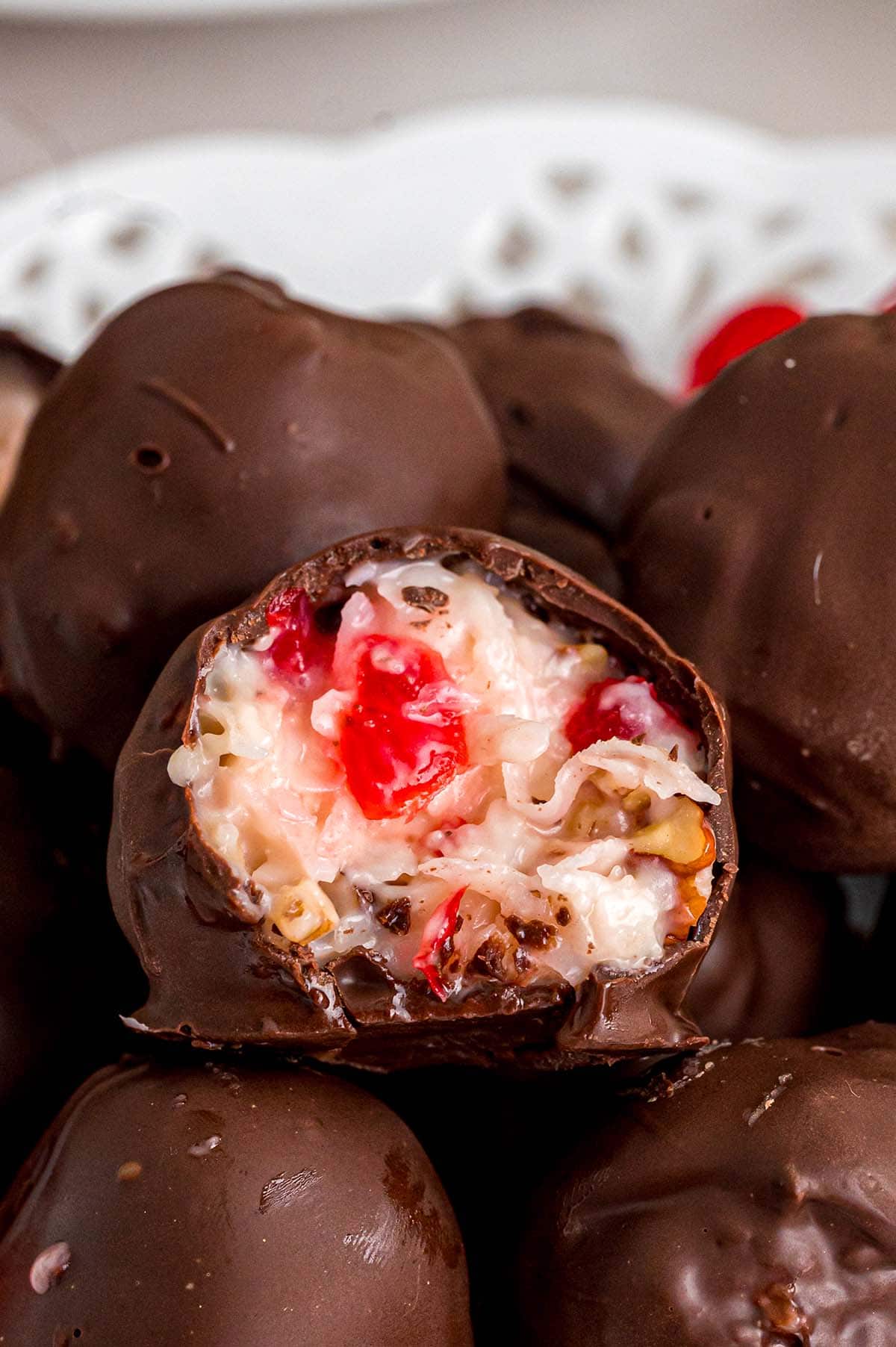 Chocolate-covered Martha Washington candy with a creamy fruit and nut filling.