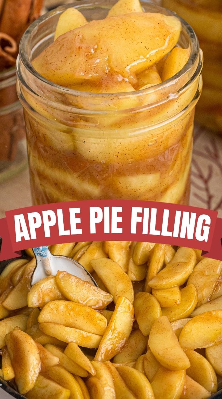 A jar filled with Apple Pie Filling to the brim