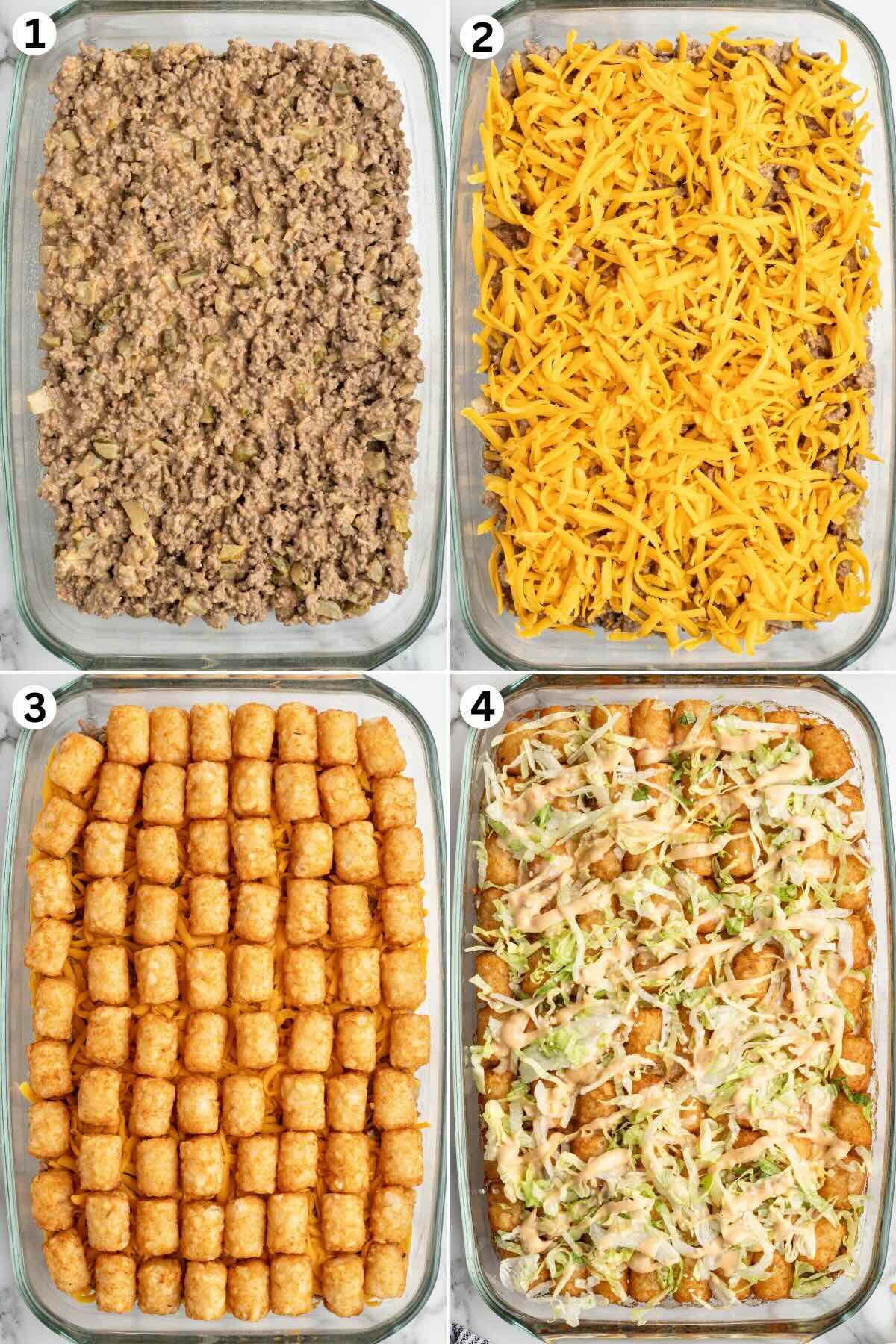 Big Mac Tatertot Casserole making steps collage : spreading cooked ground beef in baking dish, layering cheese on top followed by tater tots, baking everything and topped with shredded lettuce and dressing