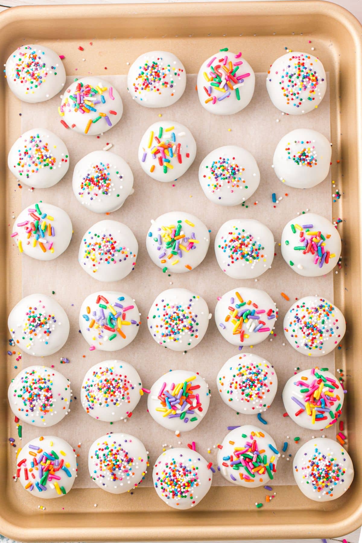 Birthday Cake Oreo balls on a tray ready to be served