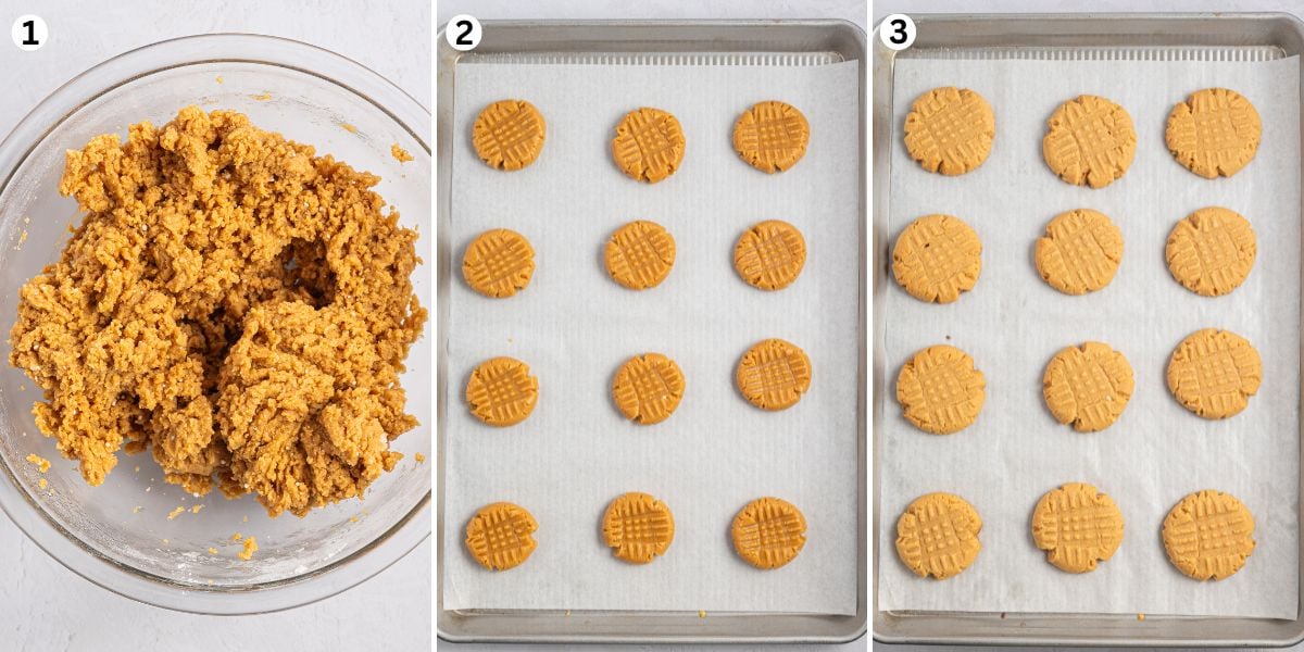 Cake Mix Peanut Butter Cookies  making steps collage: mixing the dough in a glass bowl, divide into ball, place on top of parchment paper, bake and golden Cake Mix Peanut Butter Cookies ready to be served.