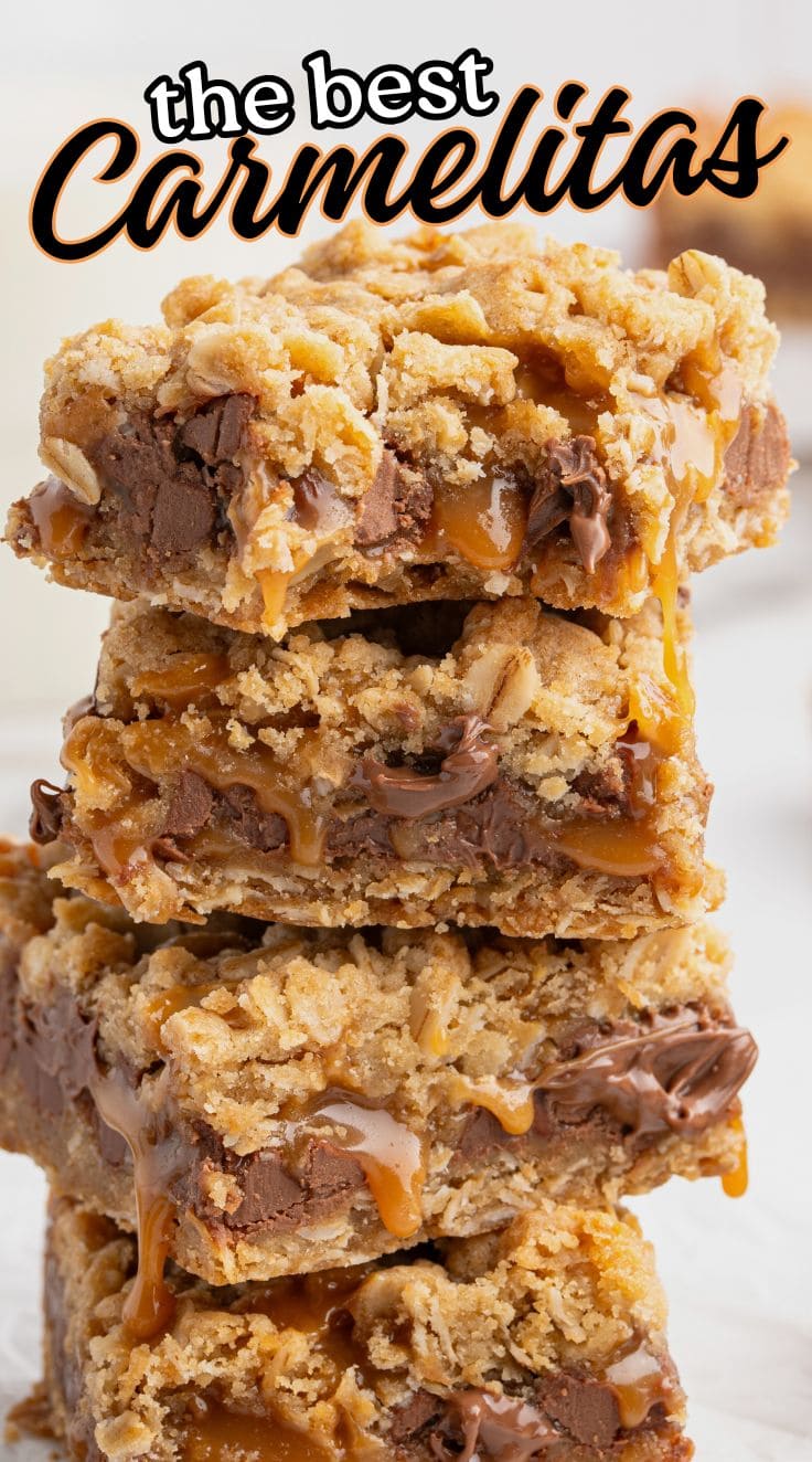 4 slice of carmelitas stacked on top of each other