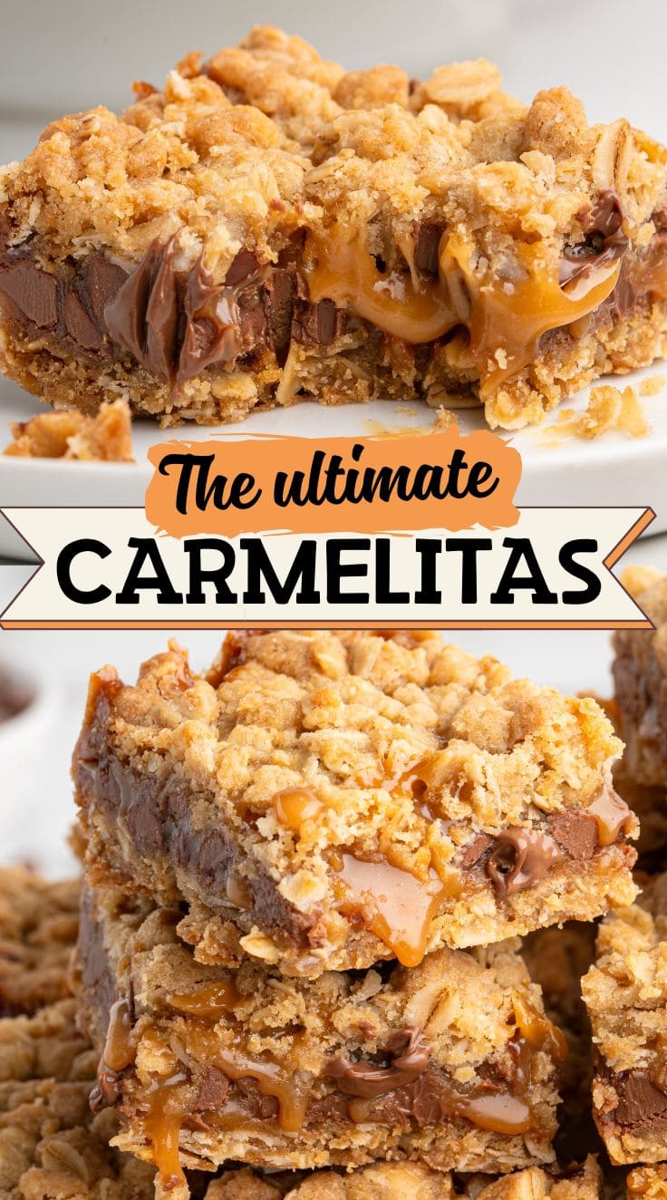 Close up of a square sliced carmelitas on a plate