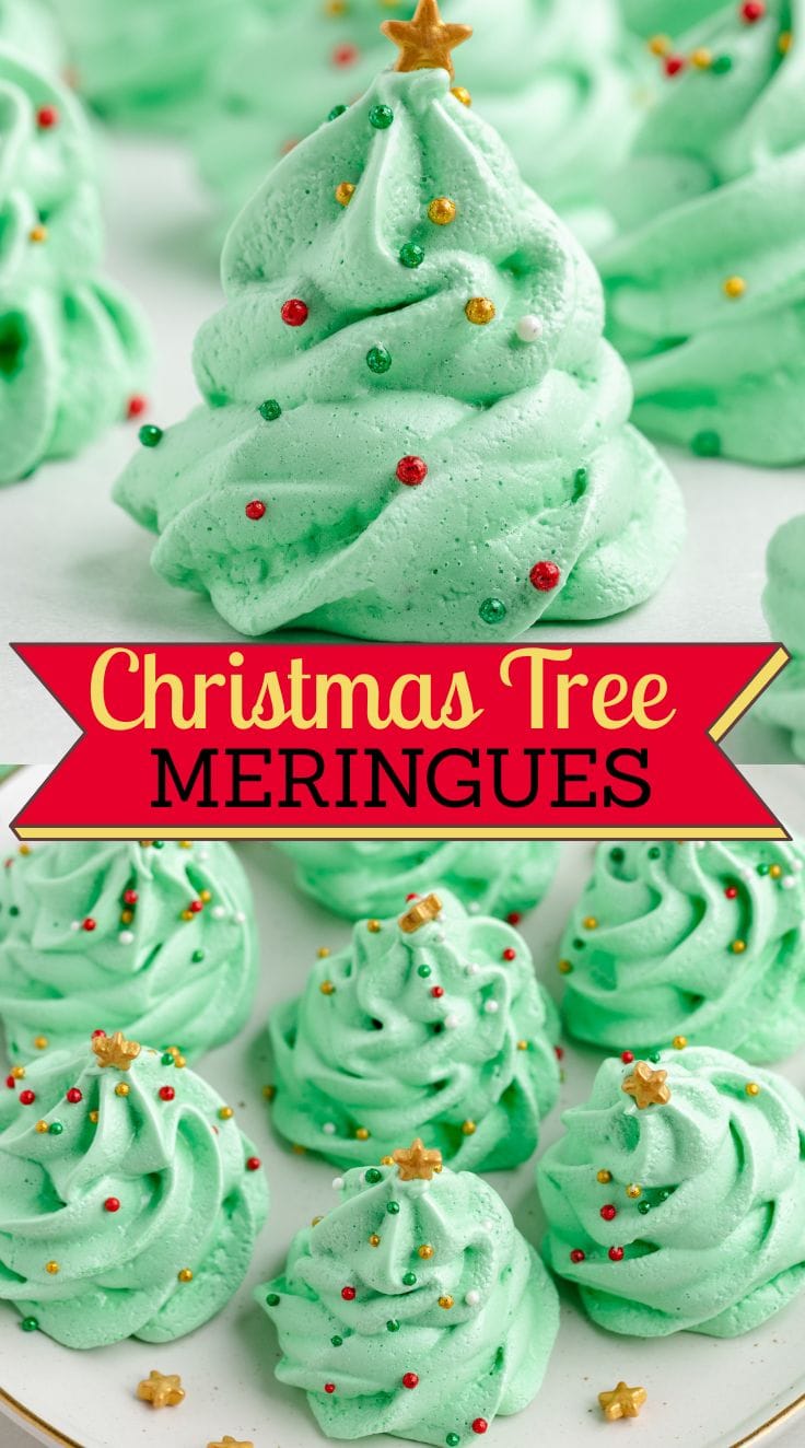 A bunch of decorated Christmas Tree Meringues on a white surface