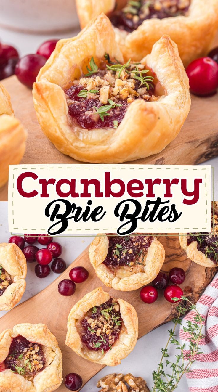 Top view of Cranberry Brie Bites lined on a wooden board
