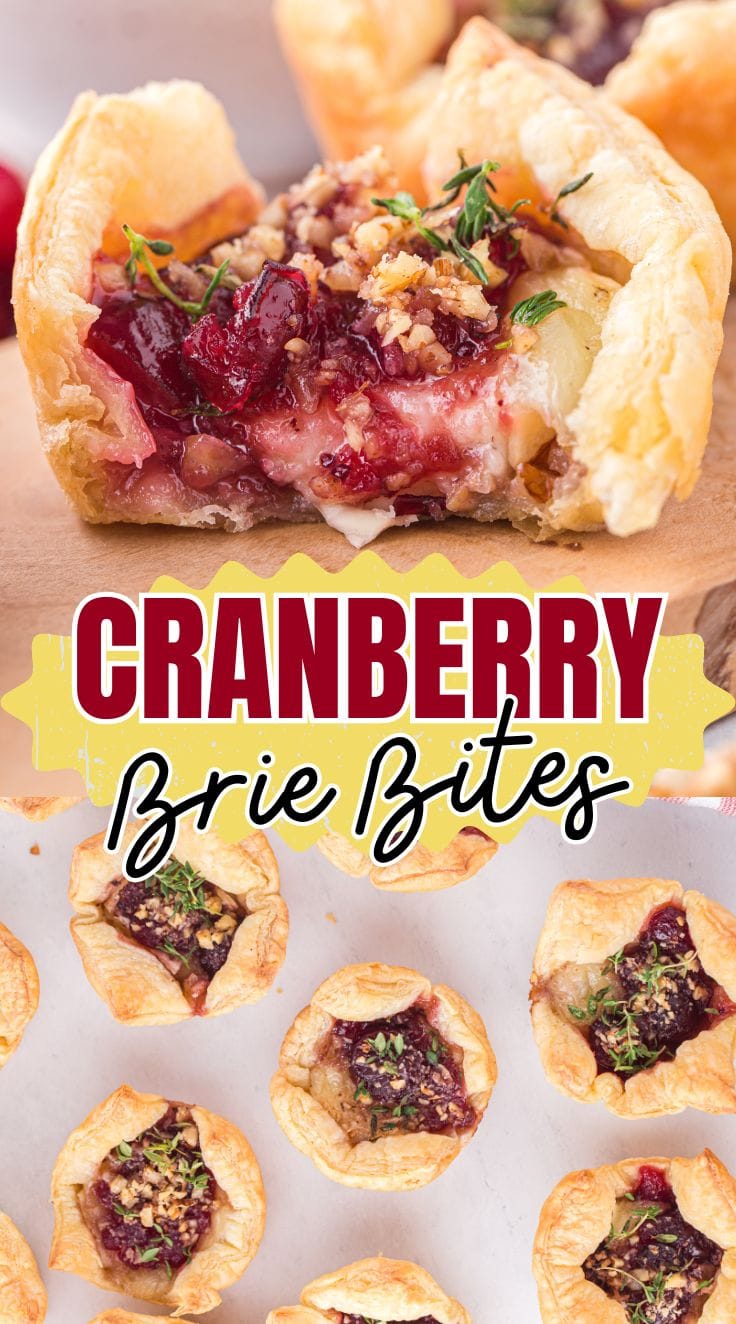 Half bitten flaky Cranberry Brie Bites with creamy cheese and cranberry sauce