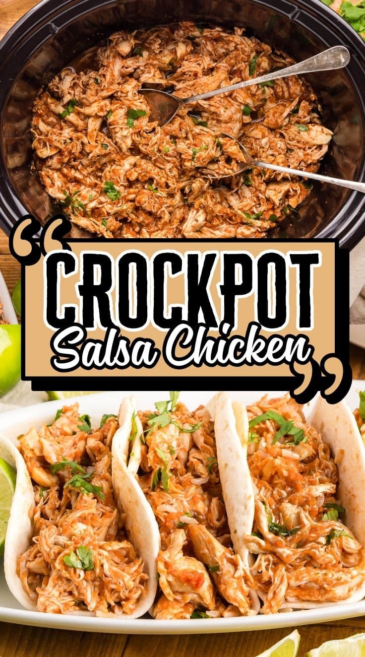 3 pieces of Crockpot Salsa Chicken taco served on a plate. Crockpot Salsa Chicken in a crockpot