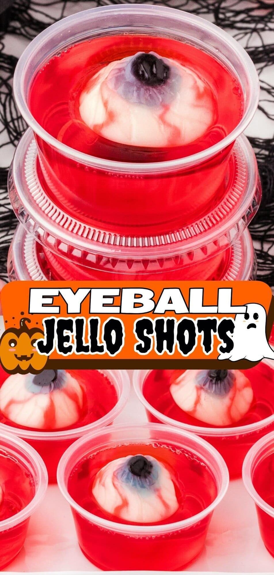 A stack of Eyeball Jello Shots on top of piles of black fish nets