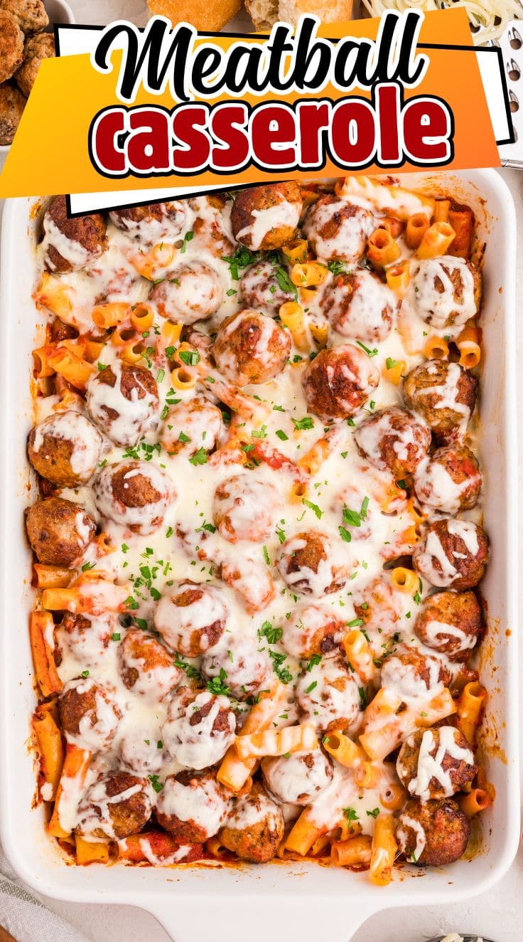 Top view of Meatball Casserole with melted cheese on top