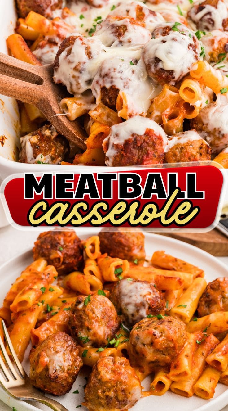 Meatball casserole served on a white plate.