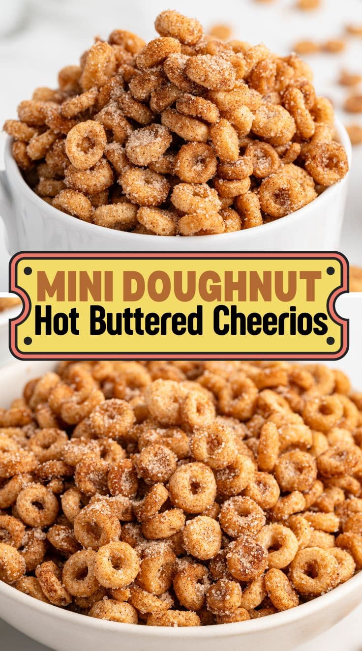 Mini Donut Hot Buttered Cheerios served in a white bowl