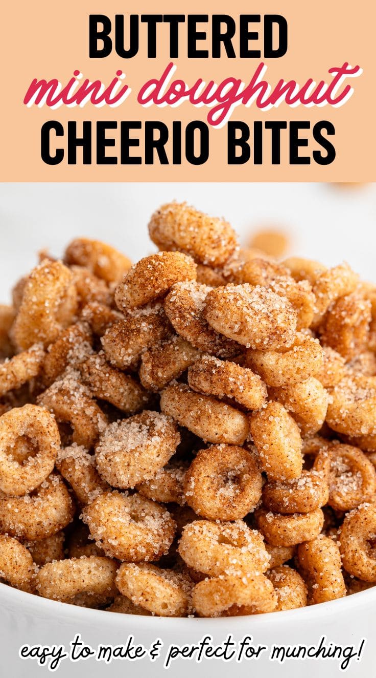 Close up of Mini Donut Hot Buttered Cheerios coated with cinnamon sugar mixture served in a white bowl