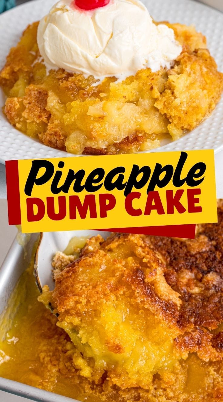 A spoon digging into Pineapple dump cake from a baking pan
