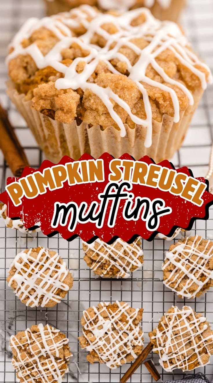 Top view of a bunch of Pumpkin Streusel Muffins on a cooling rack
